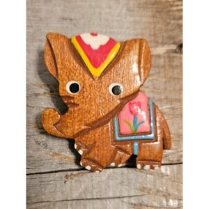 Wooden JAPAN Elephant Brooch Pin Hand Carved Painted Cute Animal Figural Jewelry